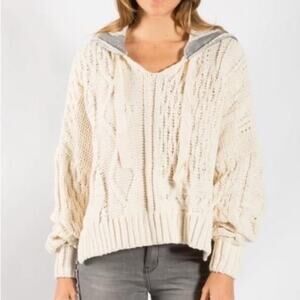 Elan Cream Grey Color Block Tierra Cable Knit Hoodie Sweater Medium